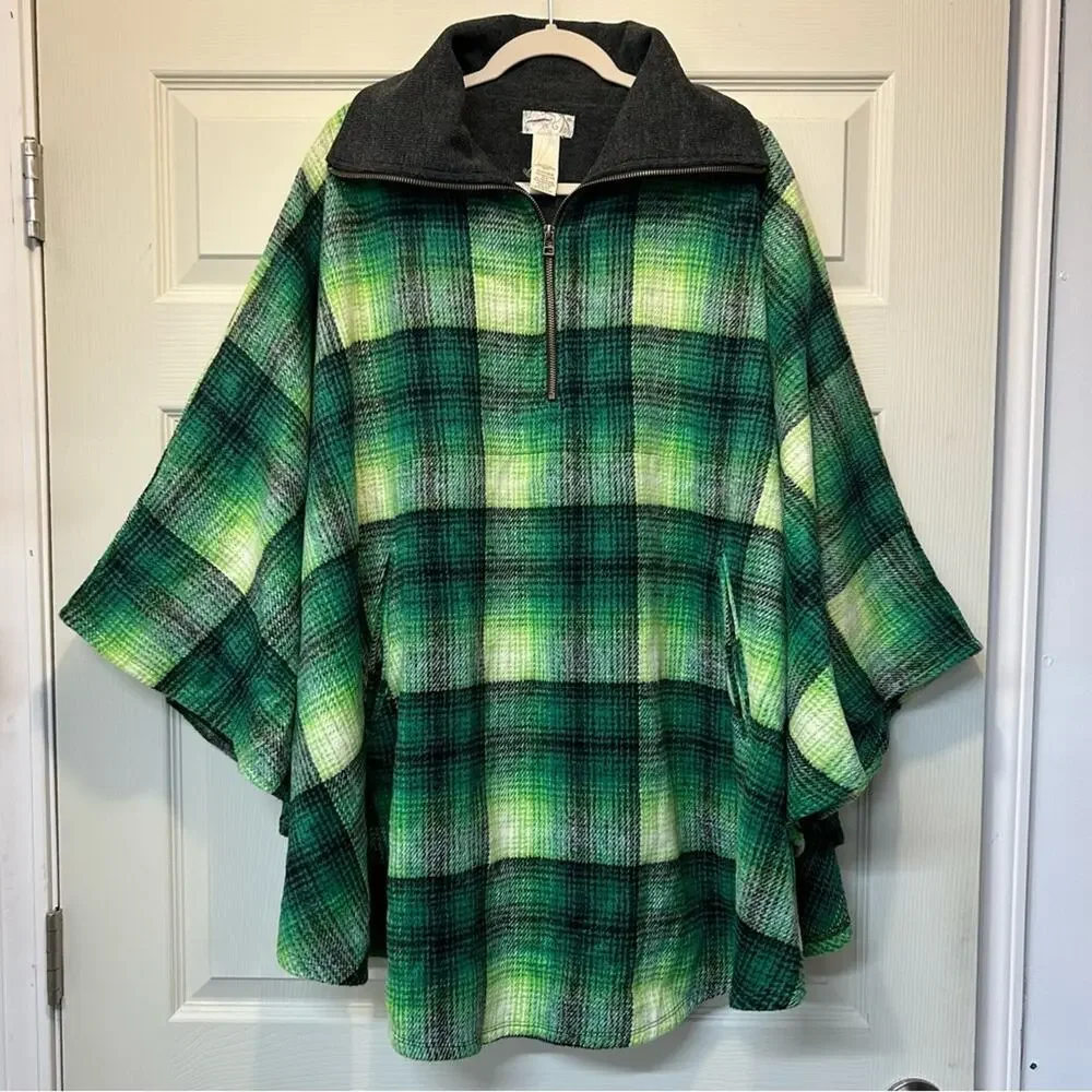Free People Poncho Zip Woodstock Brushed Green Plaid Kelly Combo Pockets OS NWOT
